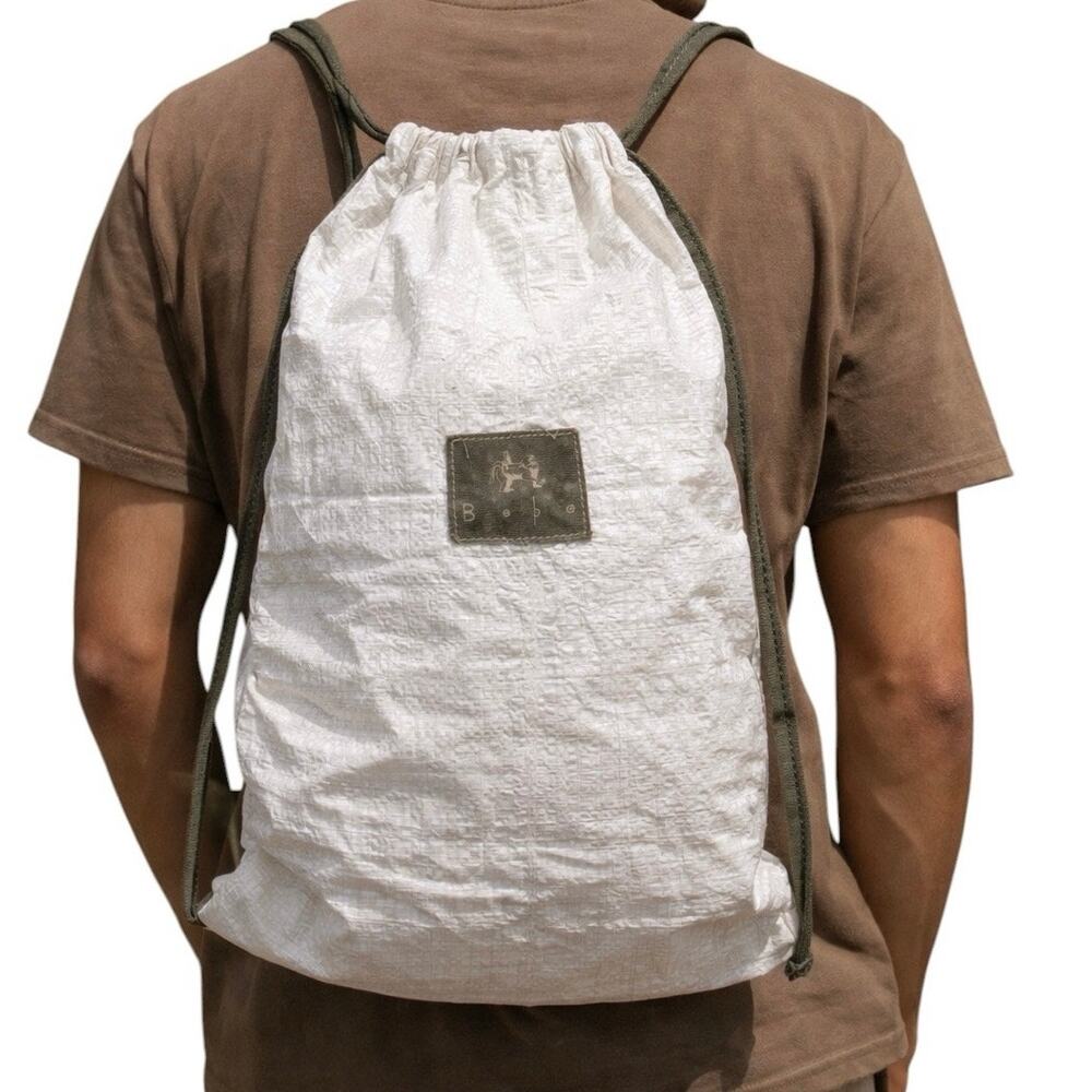 Beba Drawstring Backpack White Woven Sack Bag Minimalist Lightweight Gym Travel